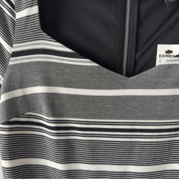 Express Gray and White striped Sheath Midi Dress V-Neck Cap Sleeves zip up slit - Picture 6 of 13